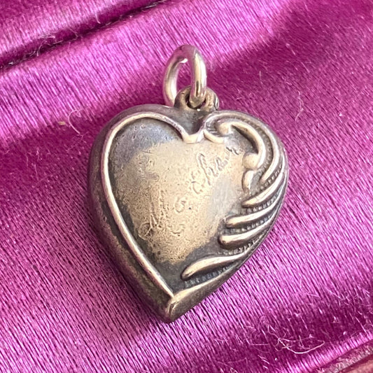 Vintage 925 Sterling Silver 1940s Repousse Puffy Heart Charm Pendant Engraved Mother