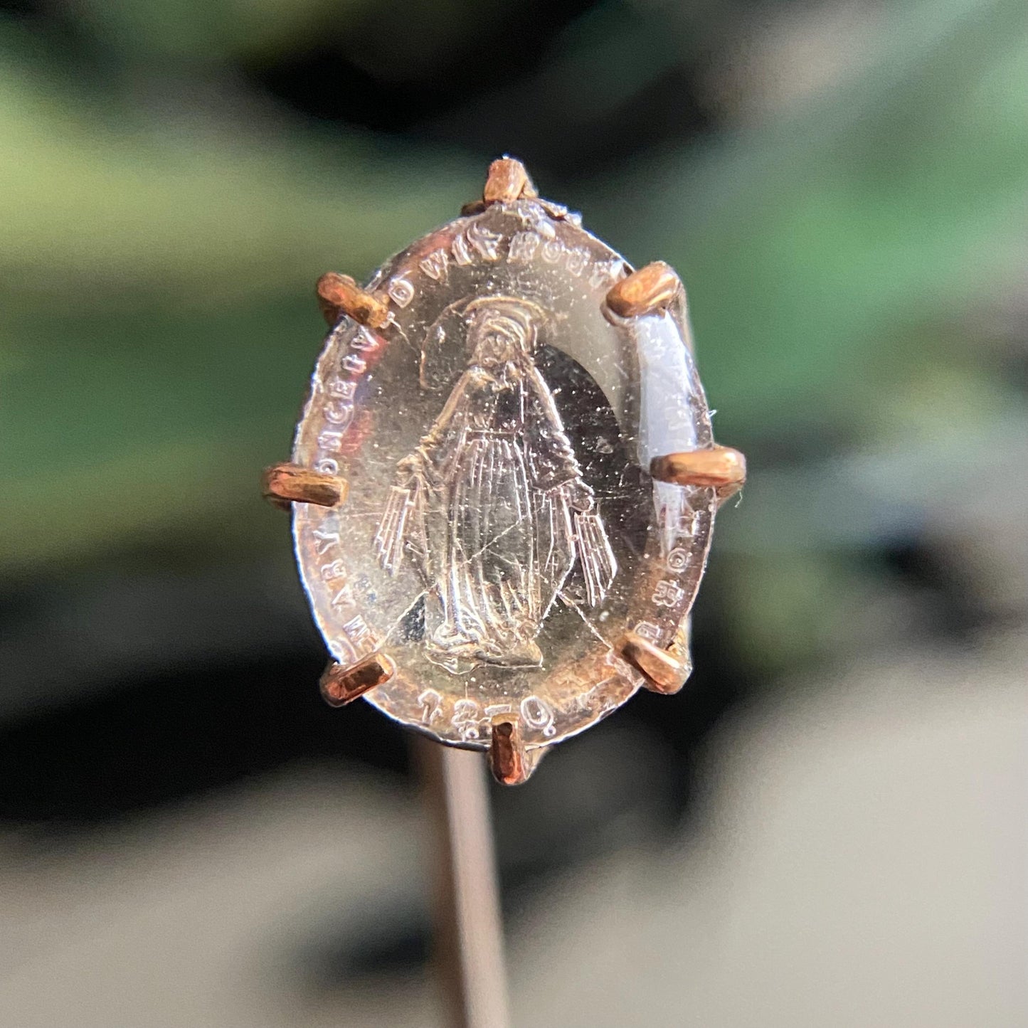 Antique Vintage Gold Filled Reverse Intaglio Virgin Mary Stickpin