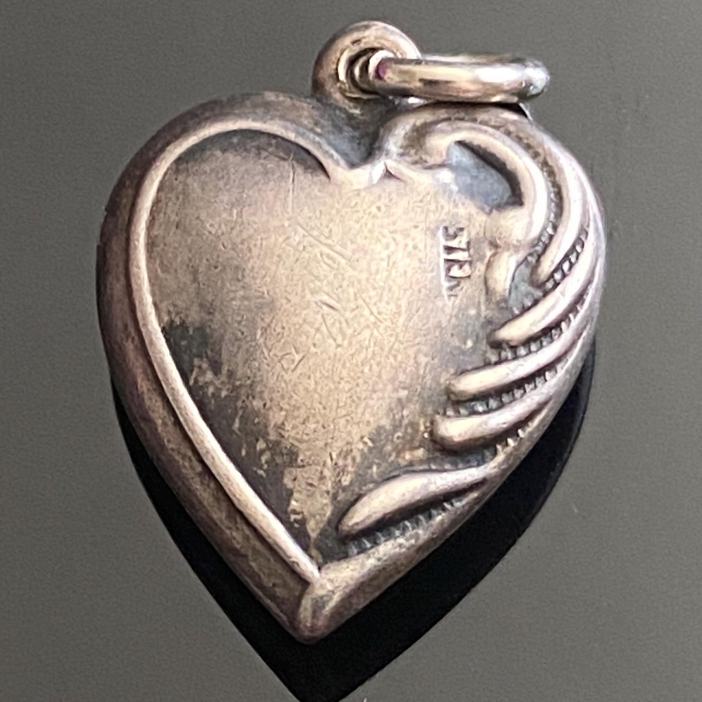 Vintage 925 Sterling Silver 1940s Repousse Puffy Heart Charm Pendant Engraved Mother