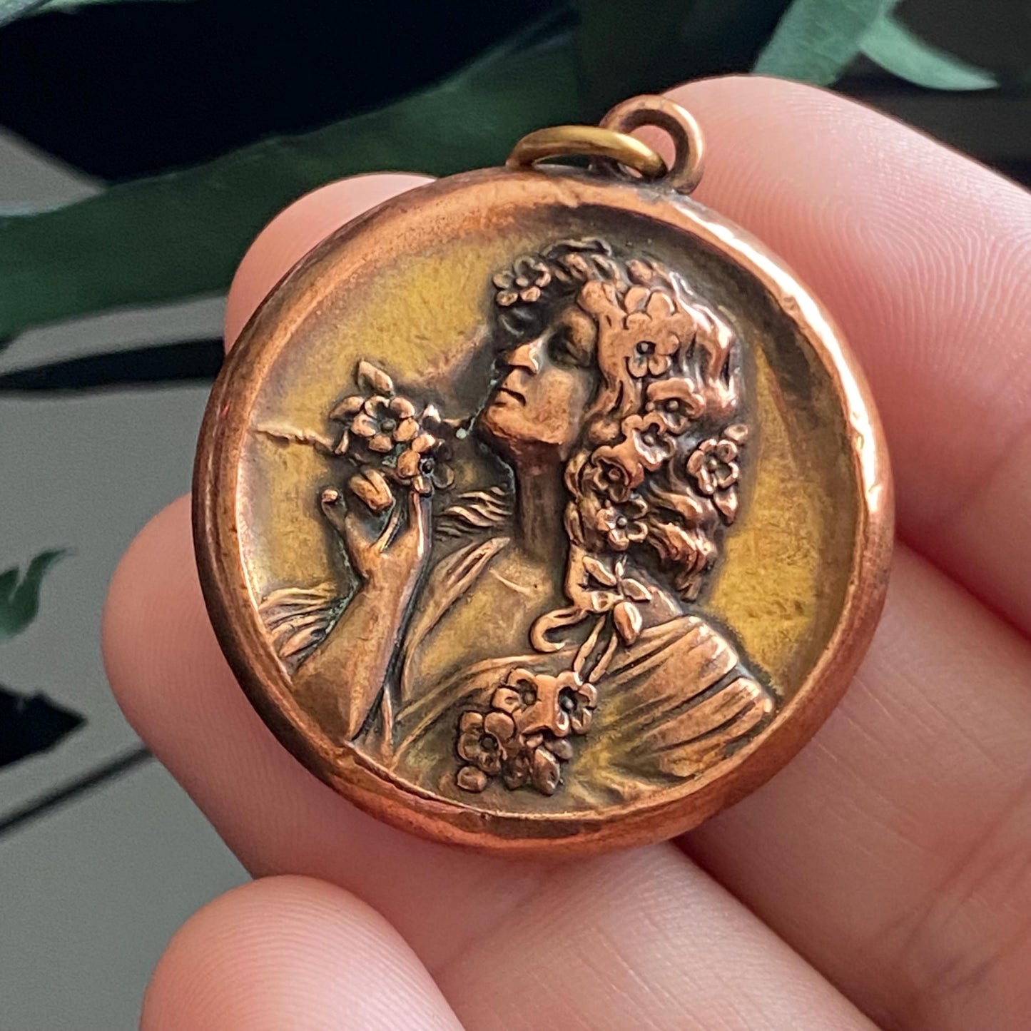 Antique Vintage Art Nouveau Repousse Lady Pendant
