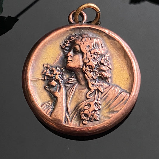 Antique Vintage Art Nouveau Repousse Lady Pendant