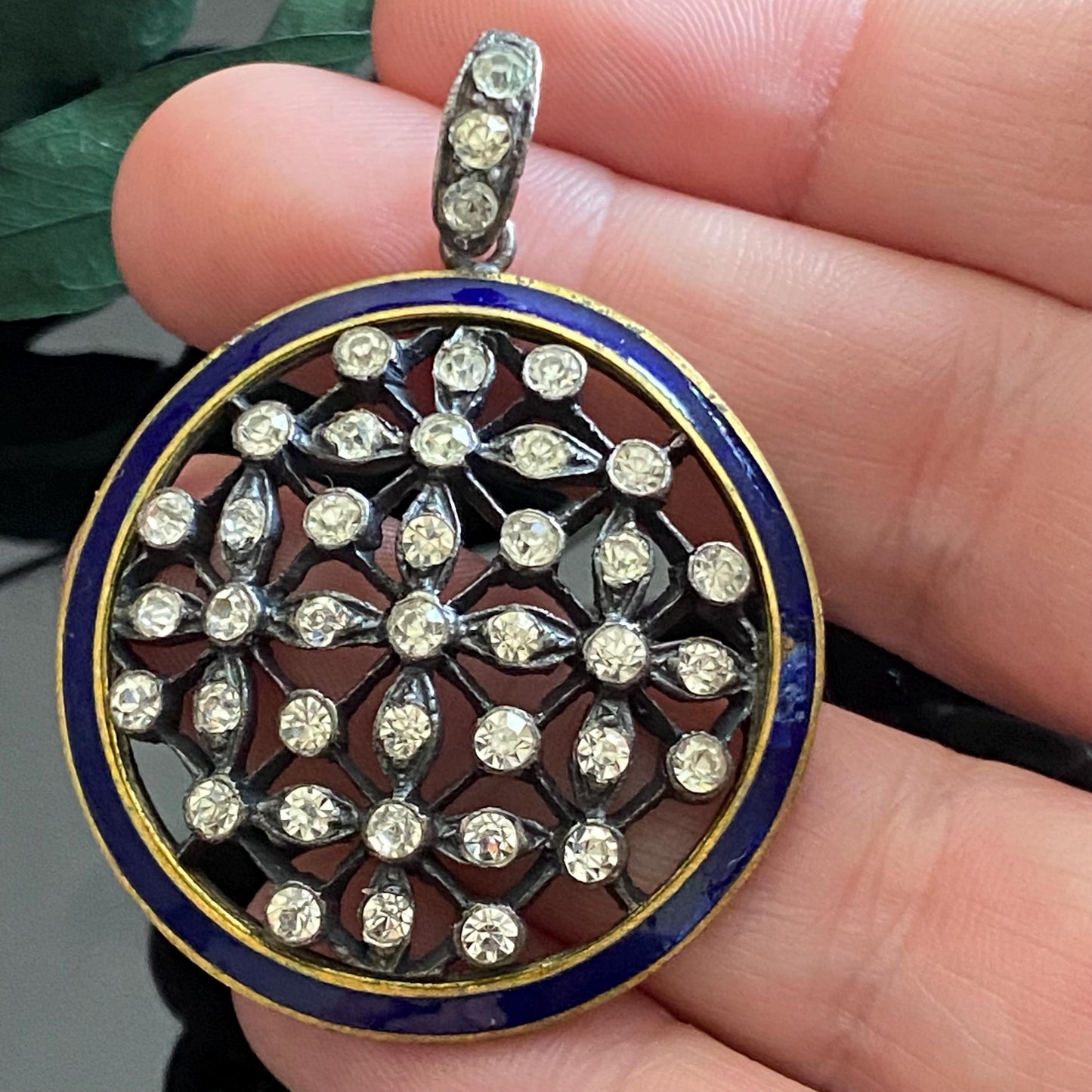 Antique Sterling Silver Blue Enamel Round Paste Cluster Pendant