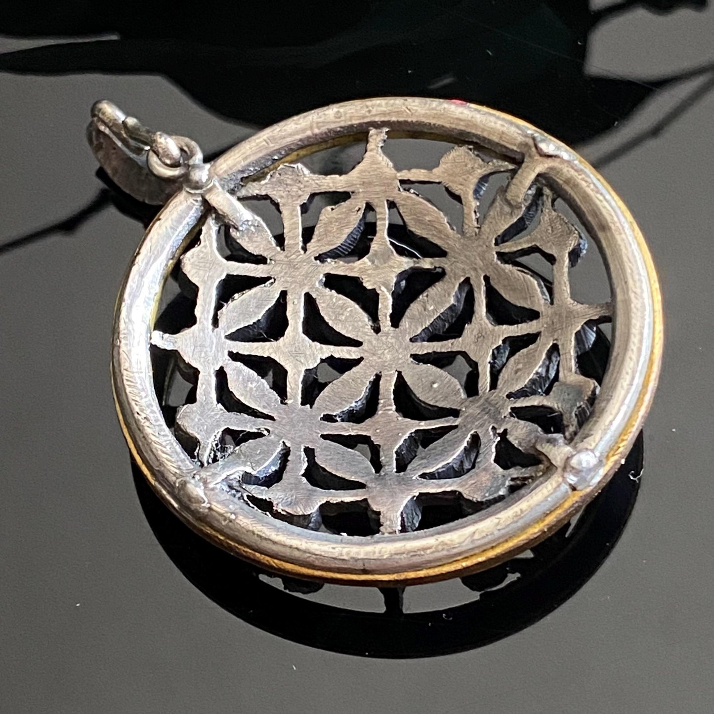 Antique Sterling Silver Blue Enamel Round Paste Cluster Pendant