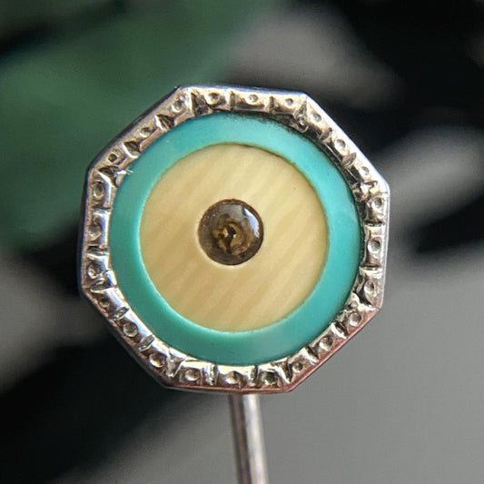 Antique Vintage Art Deco Turquoise Enamel Celluloid Rhinestone Bullseye Stickpin