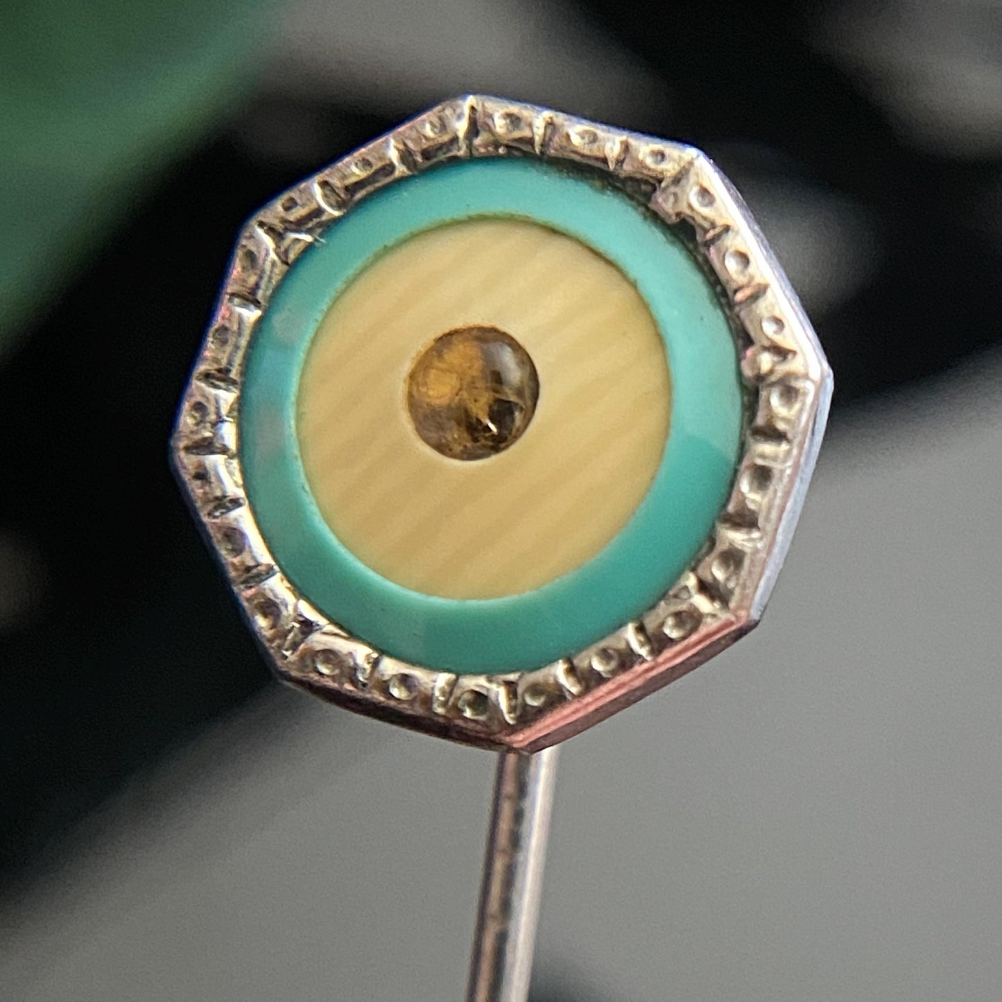 Antique Vintage Art Deco Turquoise Enamel Celluloid Rhinestone Bullseye Stickpin