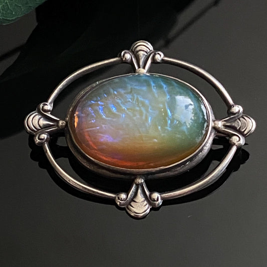 Antique 925 Sterling Silver Oval Dragon’s Breath Glass Brooch
