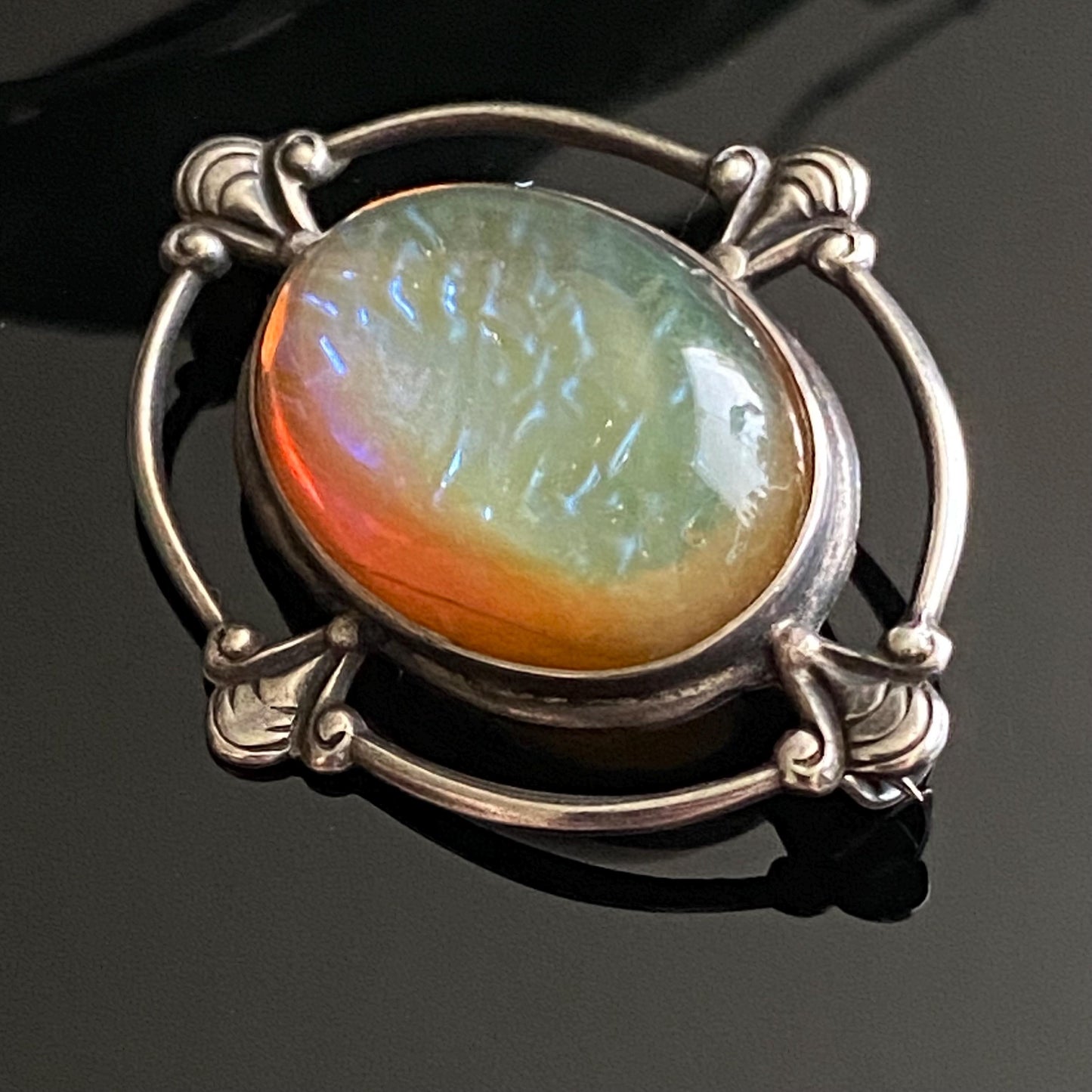 Antique 925 Sterling Silver Oval Dragon’s Breath Glass Brooch
