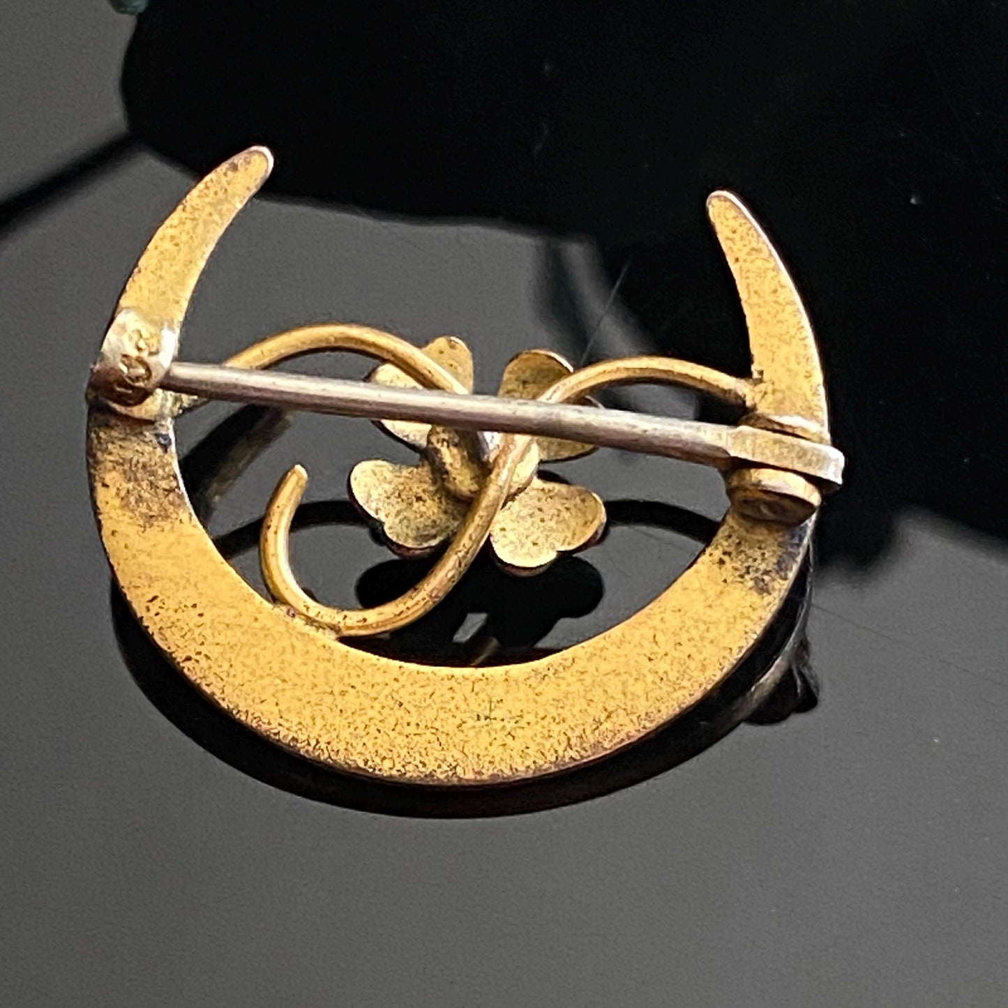 Antique Petite Art Nouveau Gold Filled Crescent Moon Green Enamel Lucky Honeymoon Pin Brooch