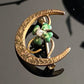 Antique Petite Art Nouveau Gold Filled Crescent Moon Green Enamel Lucky Honeymoon Pin Brooch