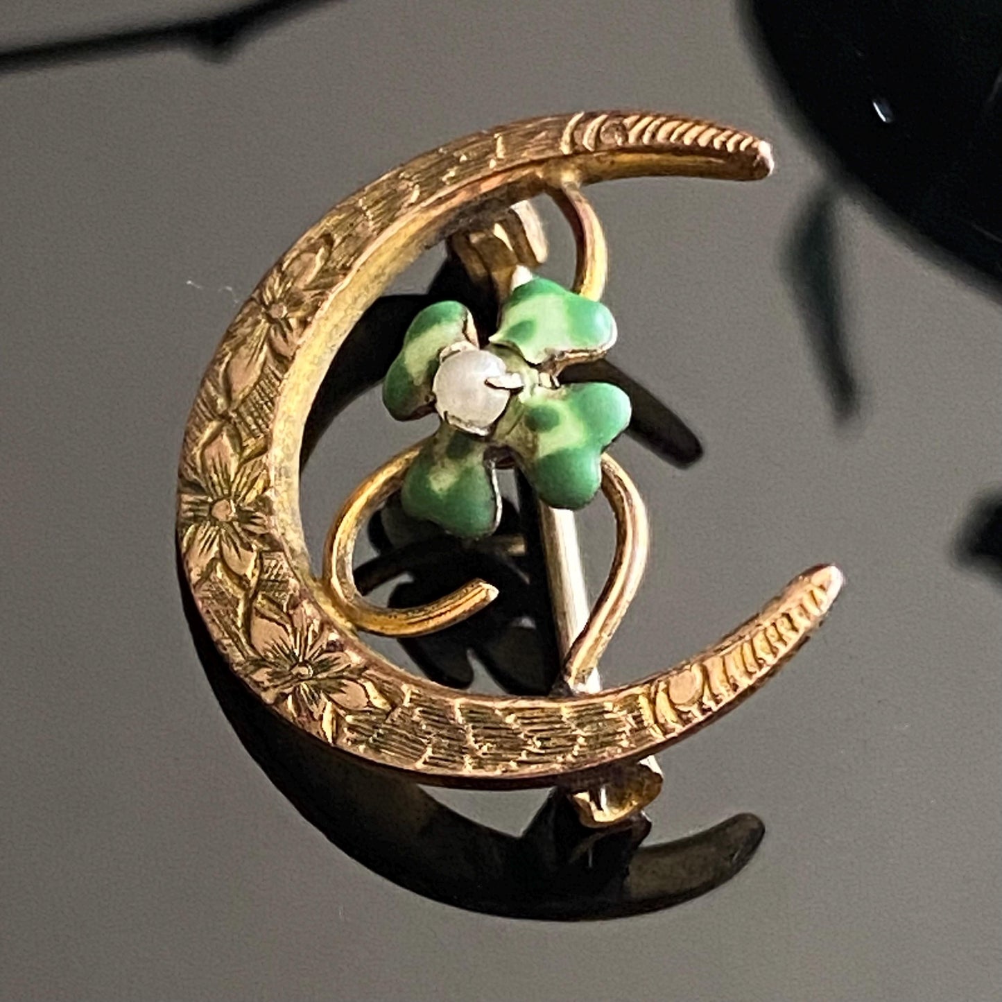 Antique Petite Art Nouveau Gold Filled Crescent Moon Green Enamel Lucky Honeymoon Pin Brooch