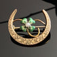Antique Petite Art Nouveau Gold Filled Crescent Moon Green Enamel Lucky Honeymoon Pin Brooch
