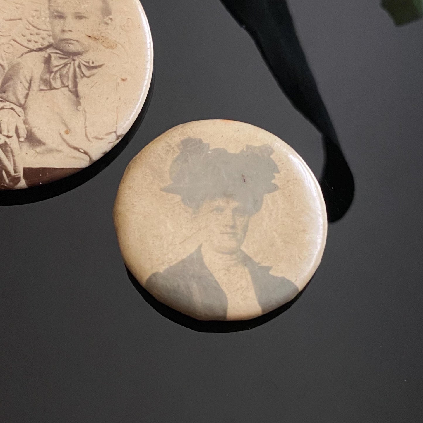 Antique Celluloid Photograph Pinbacks - Lot of Two Photo Pins - Woman and Children