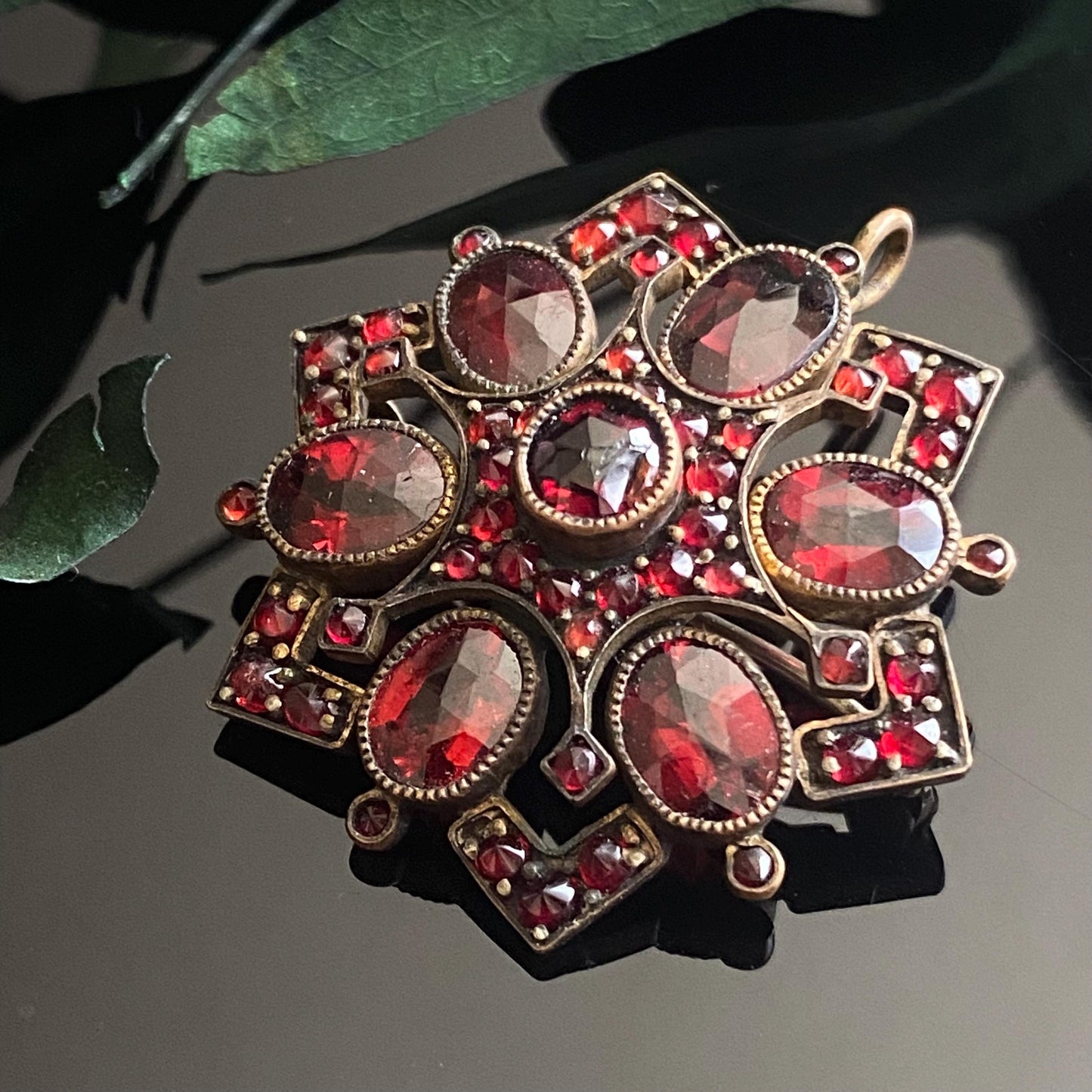 Antique Bohemian Garnet Flower Brooch Pendant