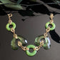 Antique Vintage Art Deco Green Czech Glass Hearts & Peking Glass Rings Brass Filigree Bracelet 7"