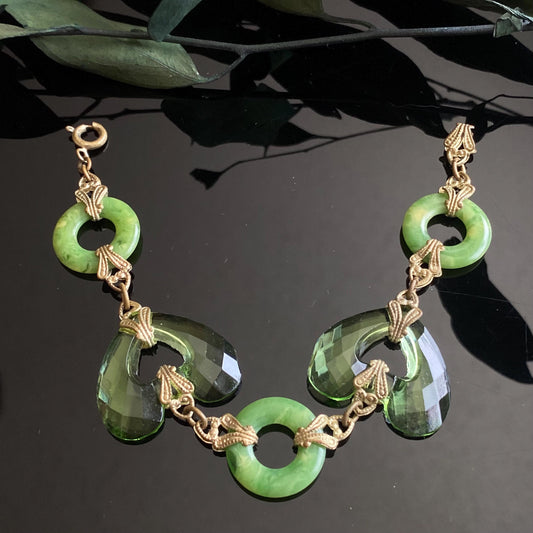 Antique Vintage Art Deco Green Czech Glass Hearts & Peking Glass Rings Brass Filigree Bracelet 7"