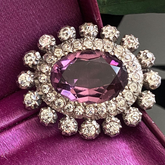 Antique Art Deco Sterling Silver Oval Amethyst Glass Paste Brooch