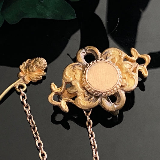 Victorian Gold Filled Blank Monogram Brooch With Cherub Pin