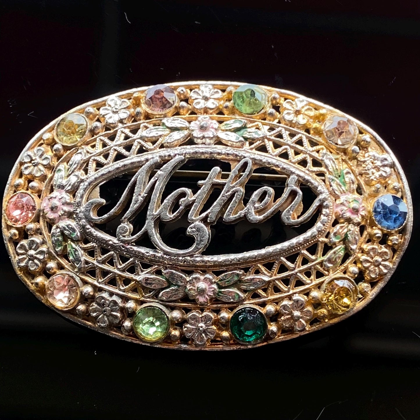 Vintage Art Deco Czech Glass Rhinestone Filigree & Foliage "Mother" Enamel Brooch
