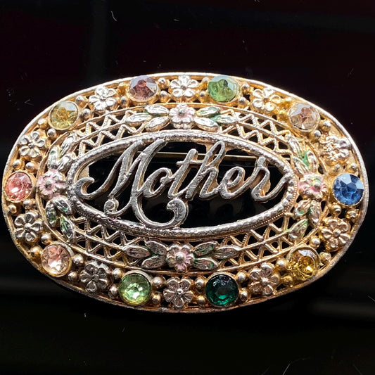 Vintage Art Deco Czech Glass Rhinestone Filigree & Foliage "Mother" Enamel Brooch