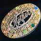 Vintage Art Deco Czech Glass Rhinestone Filigree & Foliage "Mother" Enamel Brooch