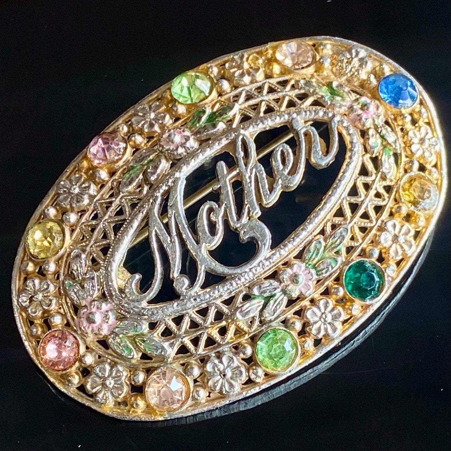 Vintage Art Deco Czech Glass Rhinestone Filigree & Foliage "Mother" Enamel Brooch