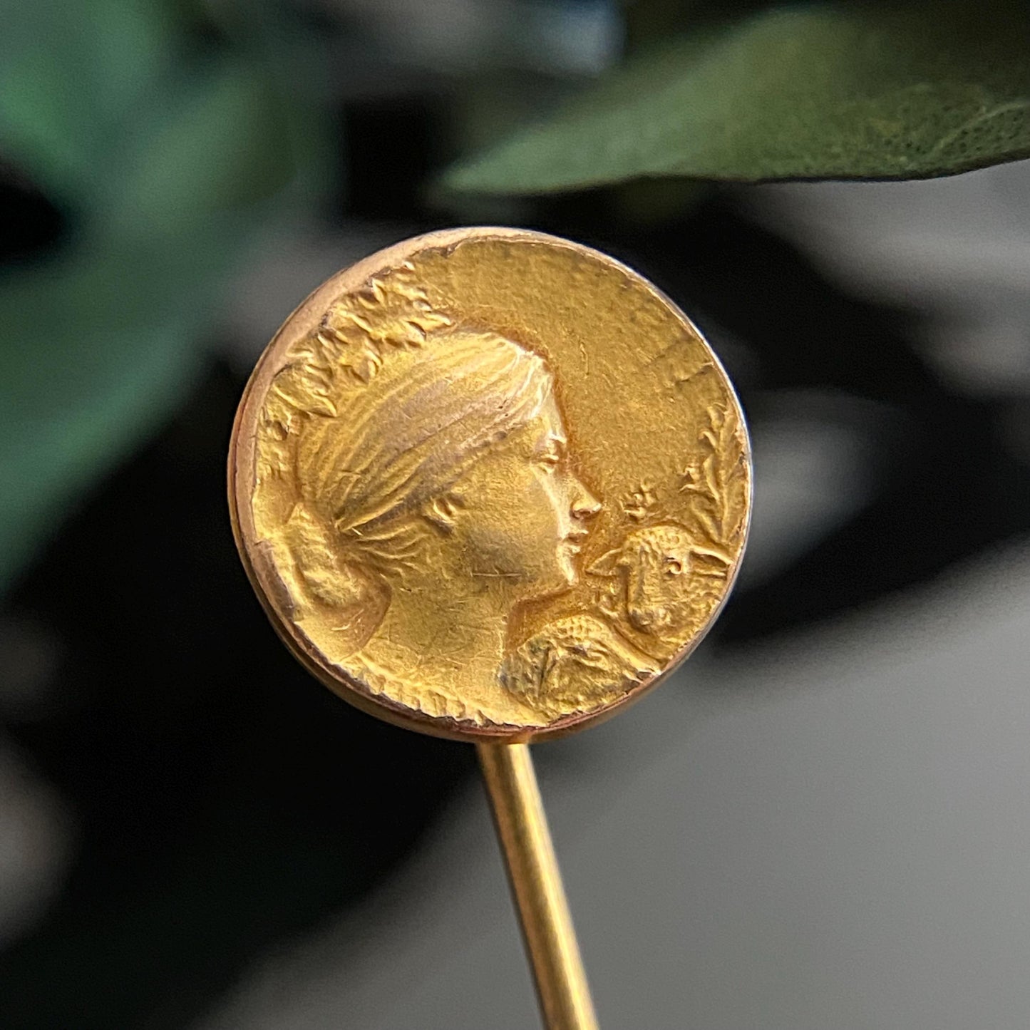 Antique Gold Filled Art Nouveau Lady With Lambs Stickpin