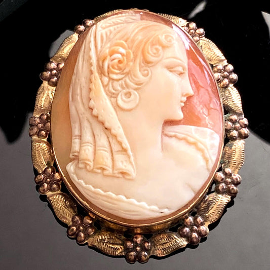 Vintage Gold Filled Carved Shell Spanish Woman Cameo Brooch Pendant