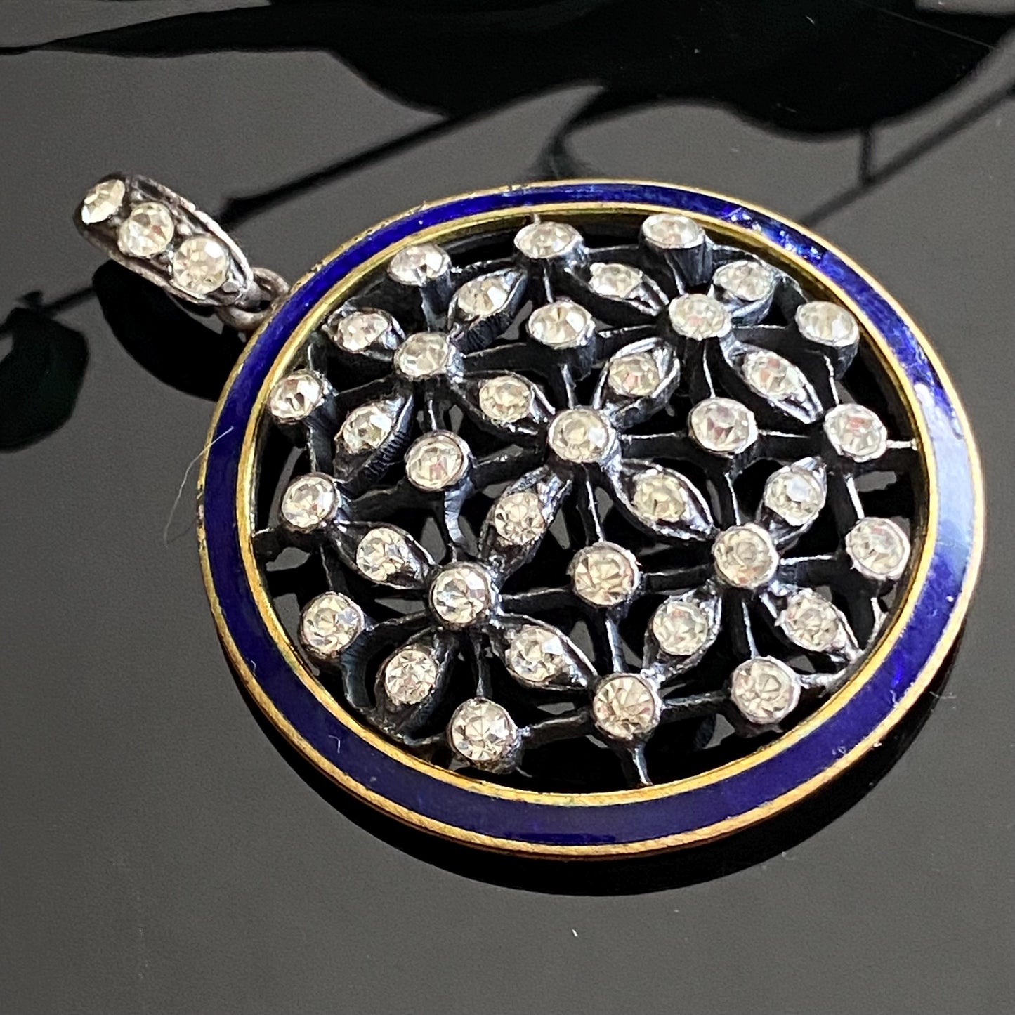 Antique Sterling Silver Blue Enamel Round Paste Cluster Pendant