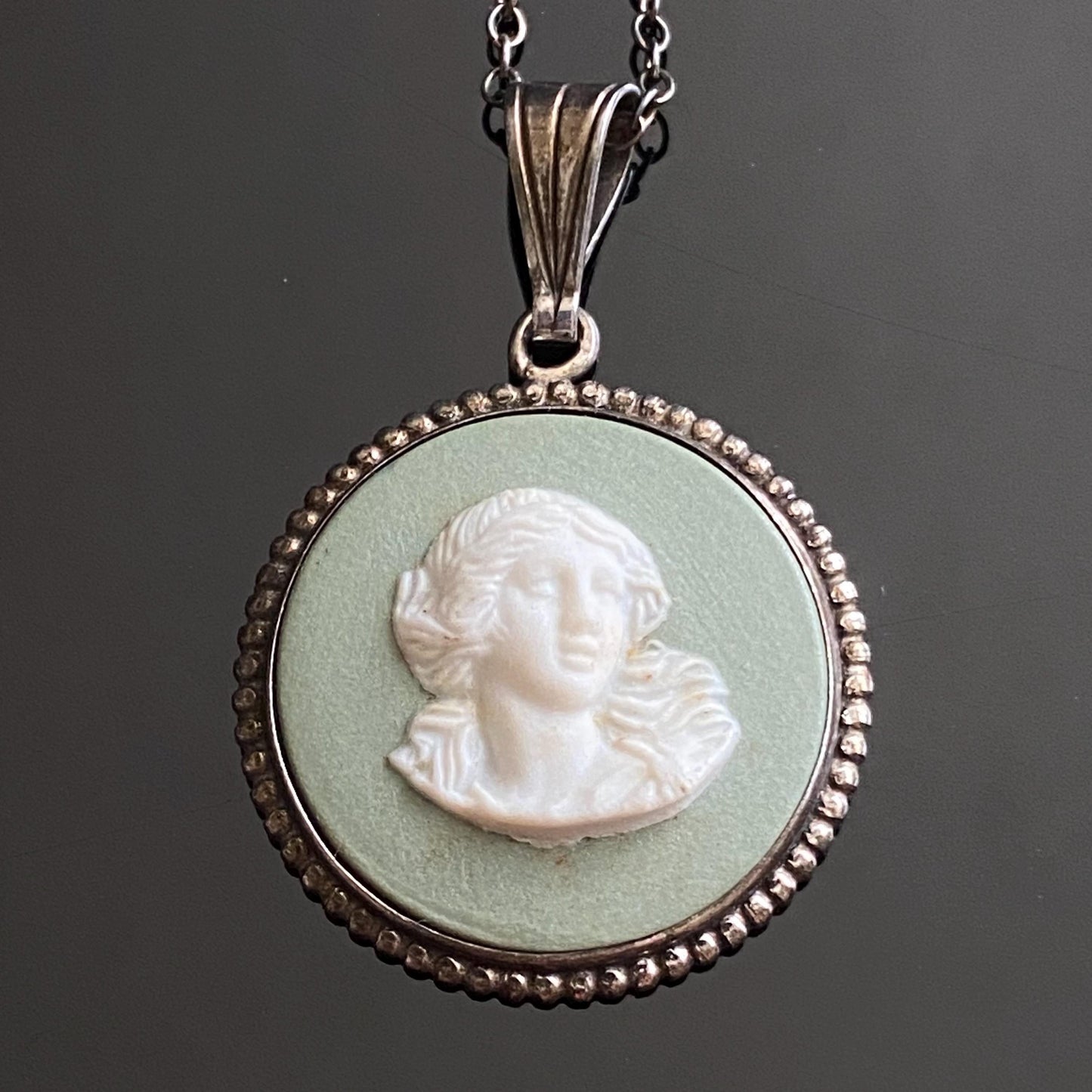 Vintage 925 Sterling Silver Sage Green Wedgewood Jasperware Muse Cameo Pendant With Chain