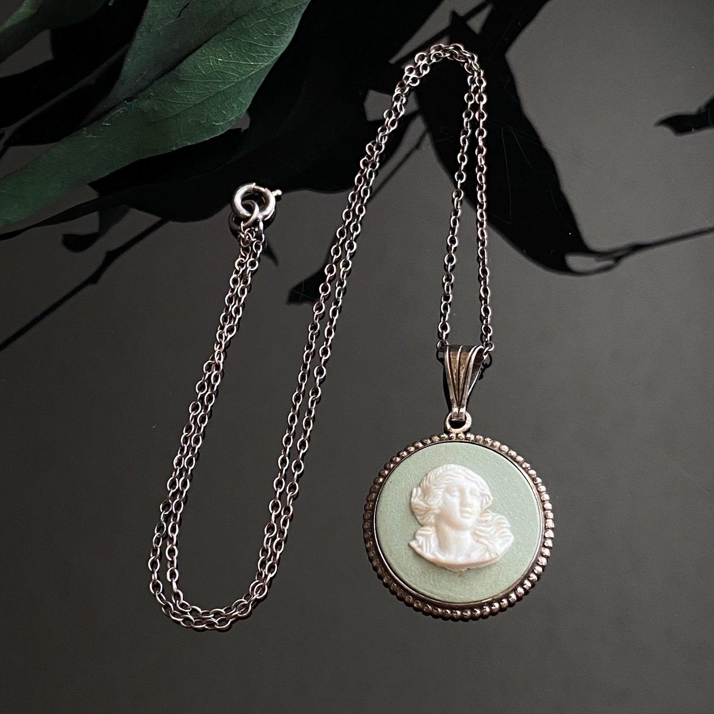 Vintage 925 Sterling Silver Sage Green Wedgewood Jasperware Muse Cameo Pendant With Chain