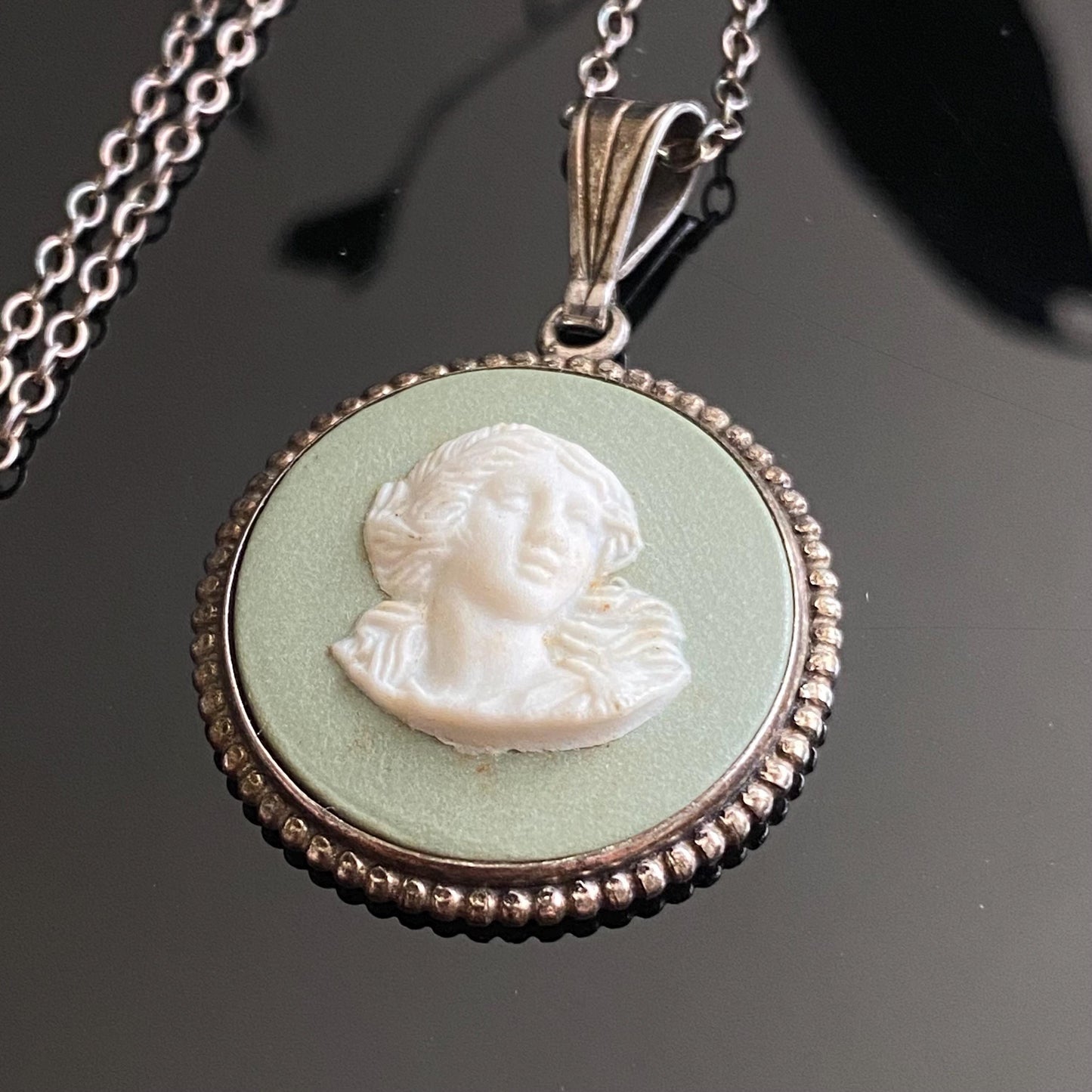Vintage 925 Sterling Silver Sage Green Wedgewood Jasperware Muse Cameo Pendant With Chain
