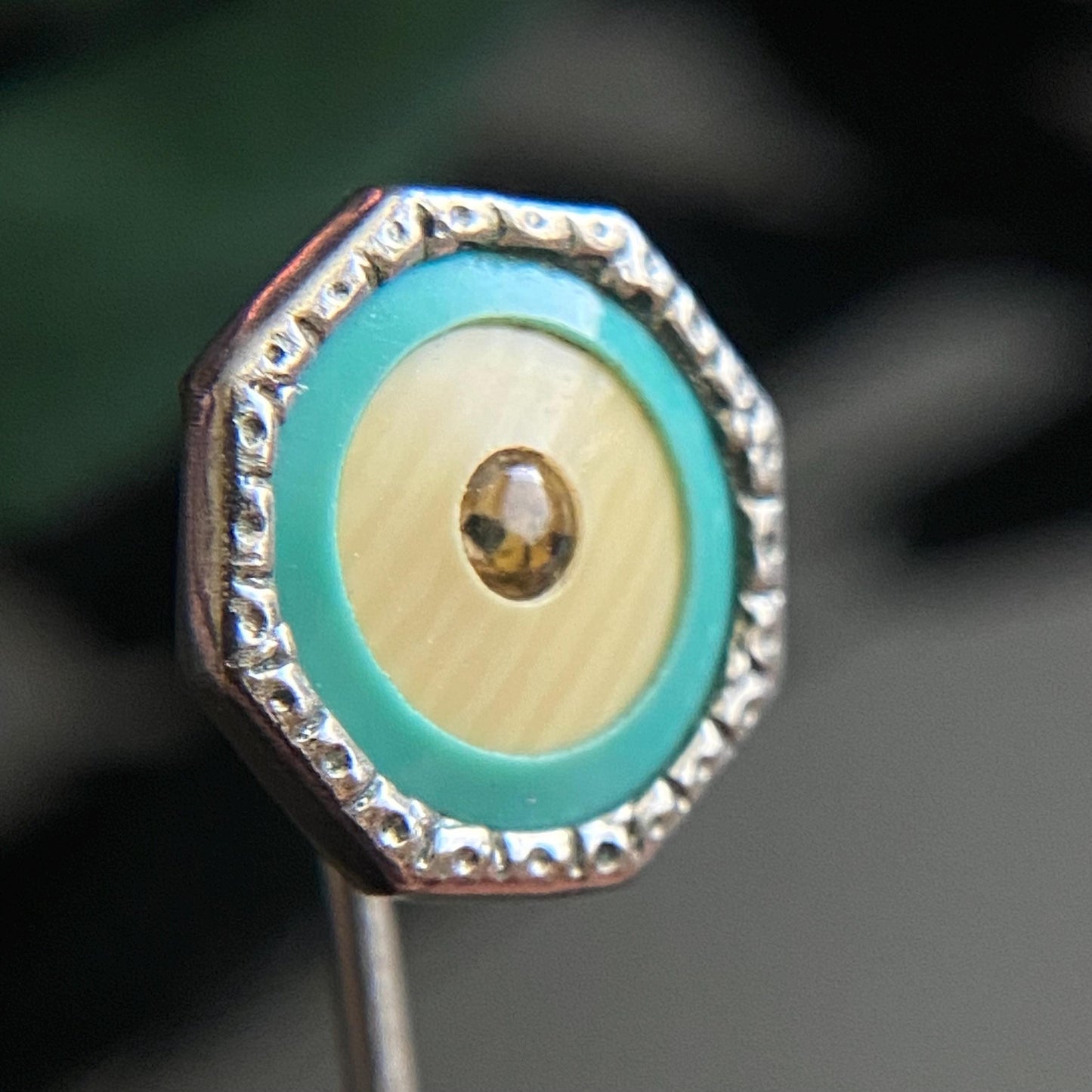 Antique Vintage Art Deco Turquoise Enamel Celluloid Rhinestone Bullseye Stickpin