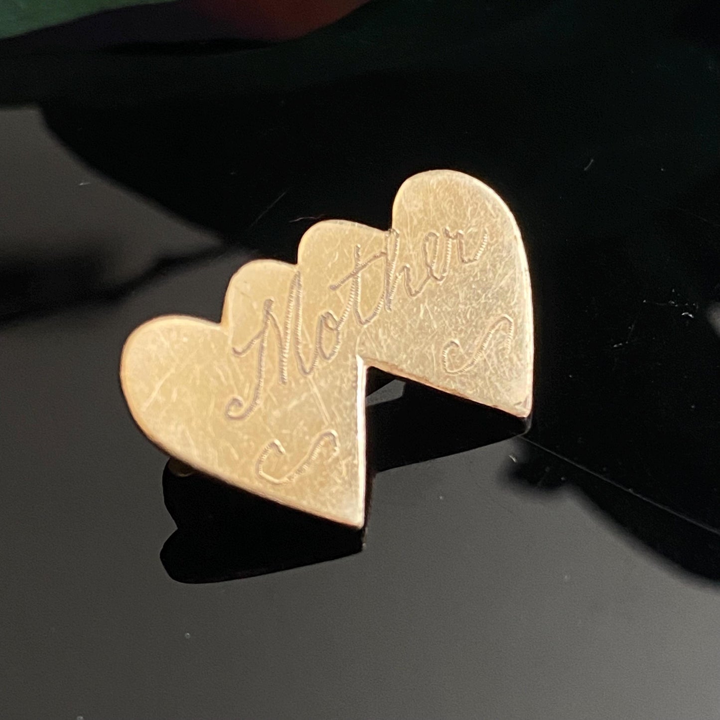 Vintage Petite Gold Filled Double Heart Engraved “Mother” Sweetheart Pin Brooch