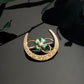 Antique Petite Art Nouveau Gold Filled Crescent Moon Green Enamel Lucky Honeymoon Pin Brooch