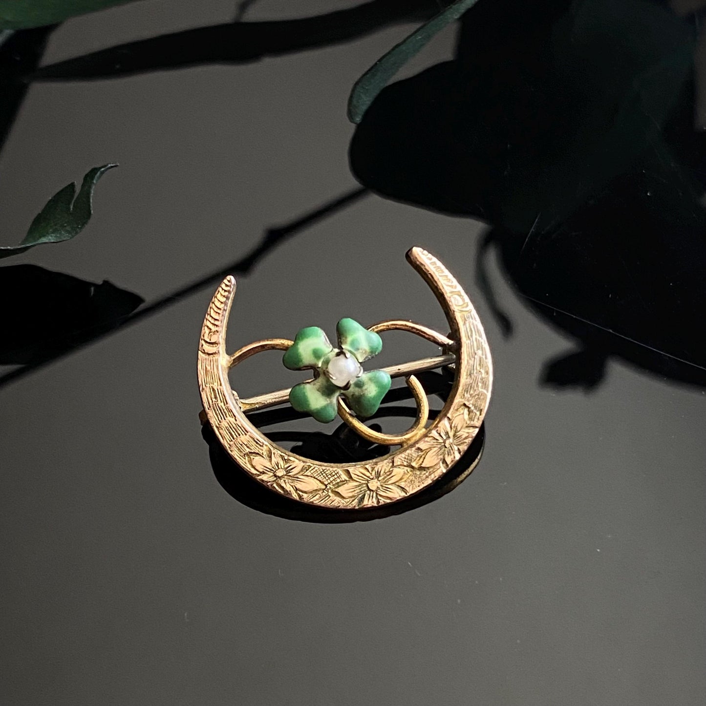Antique Petite Art Nouveau Gold Filled Crescent Moon Green Enamel Lucky Honeymoon Pin Brooch