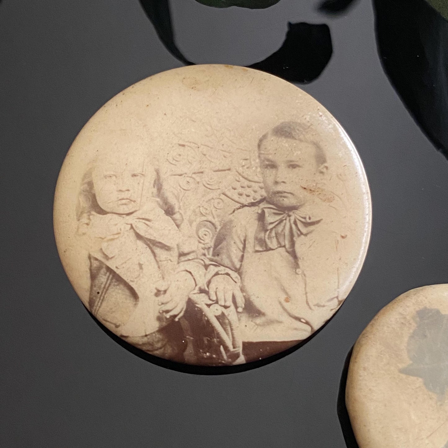 Antique Celluloid Photograph Pinbacks - Lot of Two Photo Pins - Woman and Children