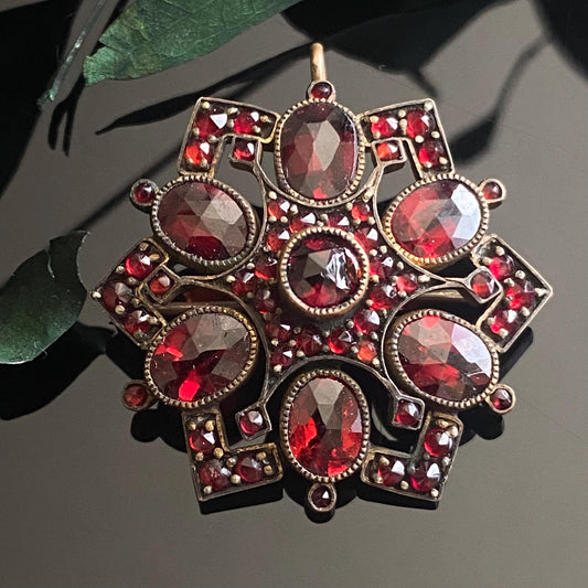 Antique Bohemian Garnet Flower Brooch Pendant