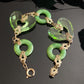 Antique Vintage Art Deco Green Czech Glass Hearts & Peking Glass Rings Brass Filigree Bracelet 7"