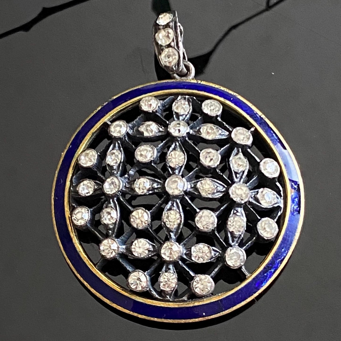 Antique Sterling Silver Blue Enamel Round Paste Cluster Pendant