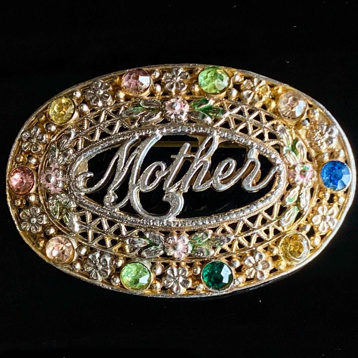 Vintage Art Deco Czech Glass Rhinestone Filigree & Foliage "Mother" Enamel Brooch