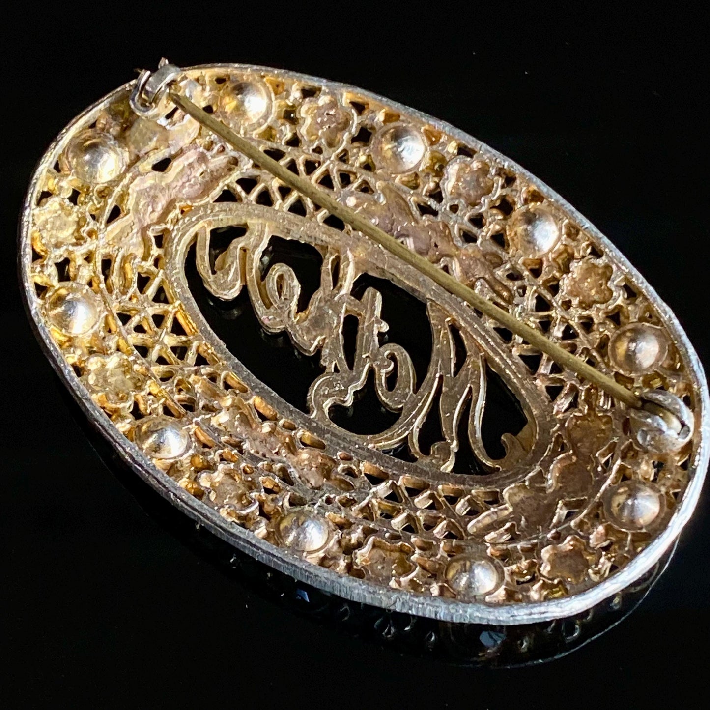 Vintage Art Deco Czech Glass Rhinestone Filigree & Foliage "Mother" Enamel Brooch
