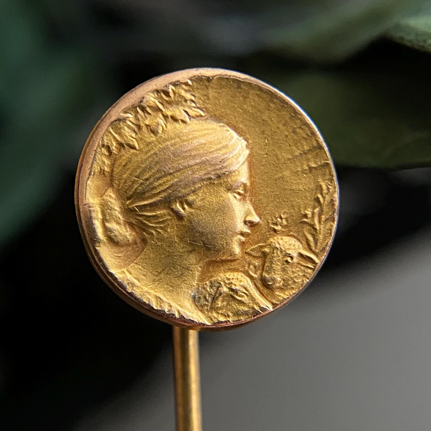 Antique Gold Filled Art Nouveau Lady With Lambs Stickpin