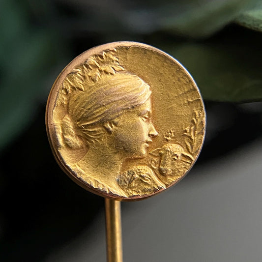 Antique Gold Filled Art Nouveau Lady With Lambs Stickpin