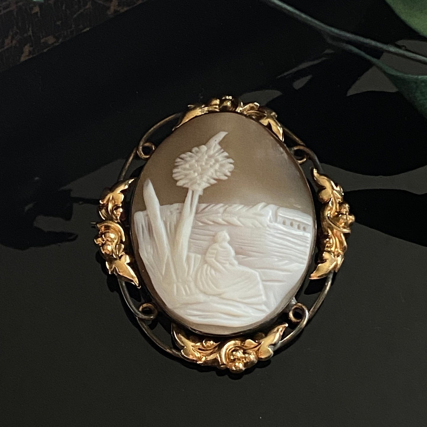 Antique Victorian Large Scenery Conch Shell Cameo Floral Brooch