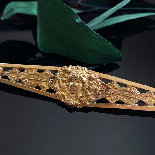 Antique Art Nouveau Flower Maiden Extra Long Bar Pin Brooch